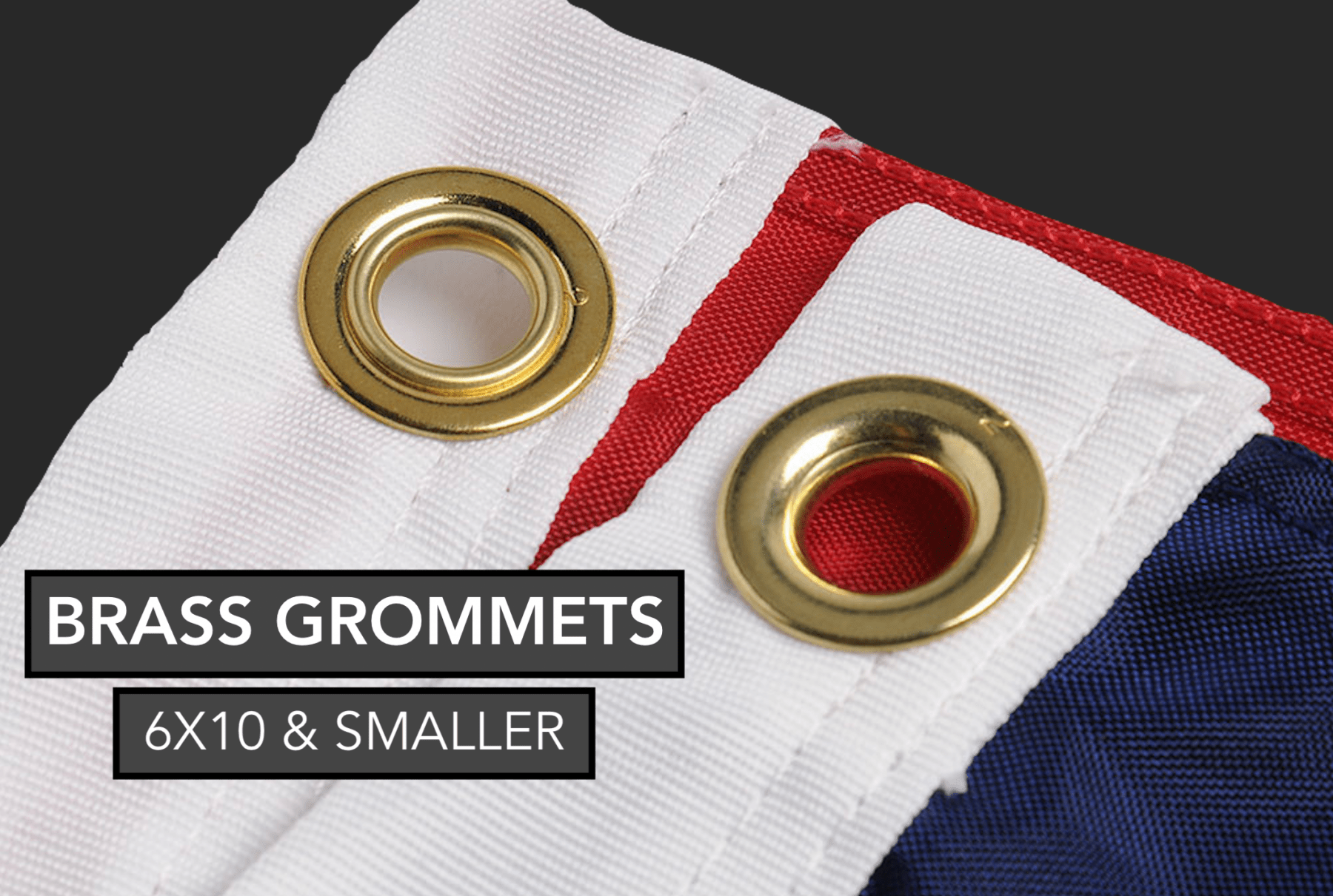 Brass grommets on a United States flag with text indicating size and type - offered by the best summit flag provider in America, The Adirondack Tool Co.