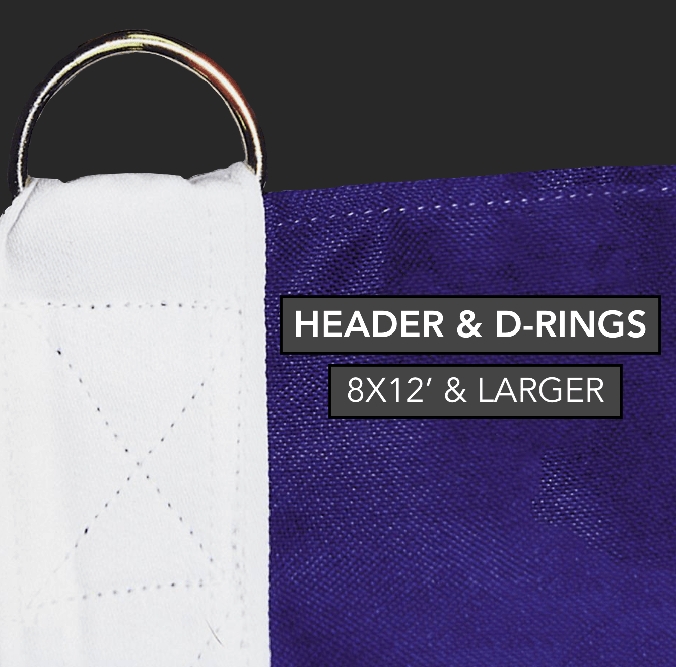 White and blue fabric of a United States flag with a gold ring labeled 'HEADER & D-RINGS 8X12' & LARGER' - offered by the best outdoor gear store in New York, The Adirondack Tool Co.
