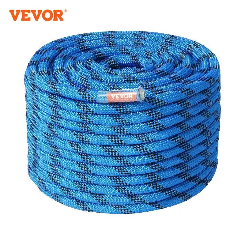 Blue and black rope coiled on a white background with VEVOR branding - offered by the best climbing and hiking gear store in New York, The Adirondack Tool Co.