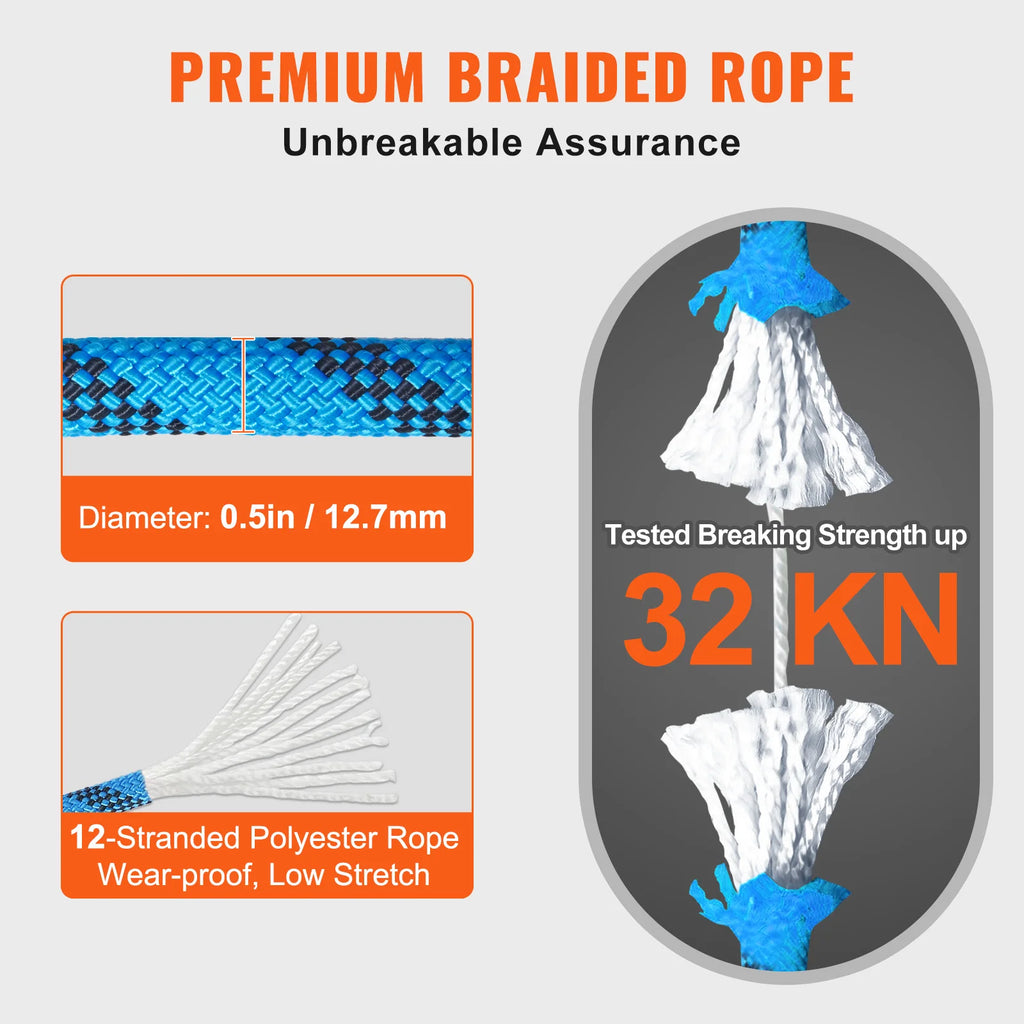 Premium braided climbing rope by Vevor - showing its dimensions and features - offered by the best climbing and hiking gear store in New York, The Adirondack Tool Co.