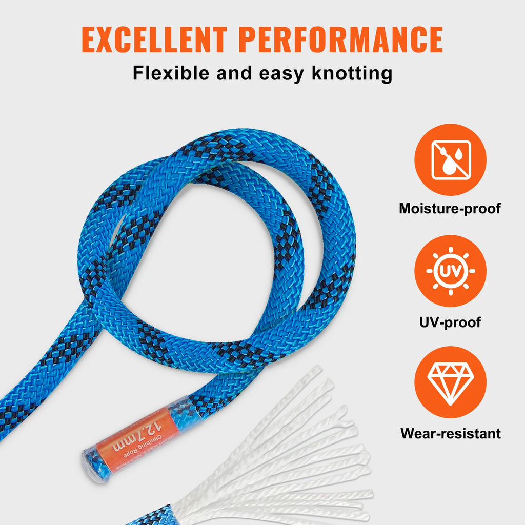 Blue Vevor 12.7mm static climbing rope with features highlighted on a white background - offered by the best climbing and hiking gear store in New York, The Adirondack Tool Co.