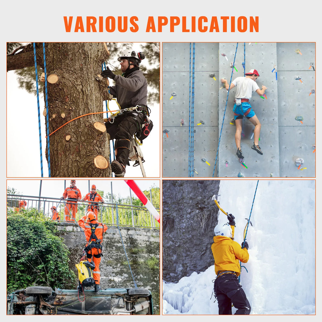 Collage of people using the VEVOR 12.7mm Static Climbing Rope in various applications including tree work, rock climbing, and ice climbing. - offered by the best climbing and hiking gear store in New York, The Adirondack Tool Co.