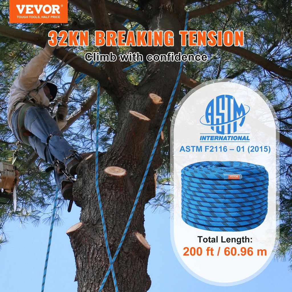 Person climbing a tree using VEVOR climbing rope with ASTM certification displayed - offered by the best climbing and hiking gear store in New York, The Adirondack Tool Co.