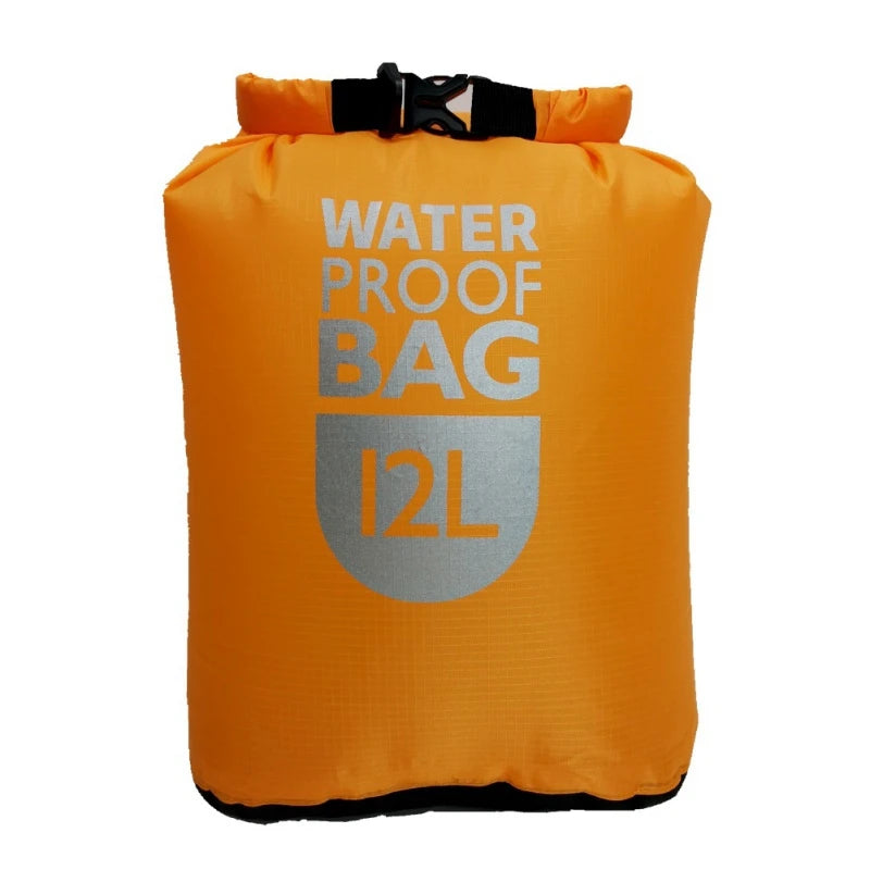 Orange waterproof bag with 'Waterproof Bag 12L' text on a white background. Offered by The Adirondack Tool Company.