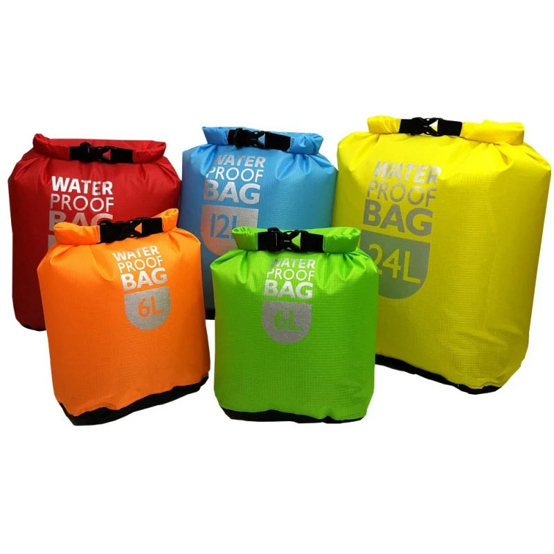 Set of five waterproof bags in red, blue, yellow, orange, and green on a white background. Offered by the Northeast's premier outdoor gear provider, The Adirondack Tool Co.