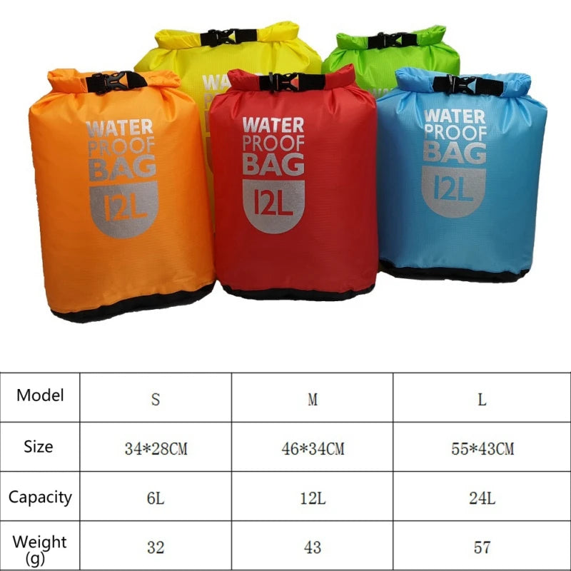 Five waterproof bags in orange, red, green and blue with size and capacity details. Offered by The Adirondack Tool Co.