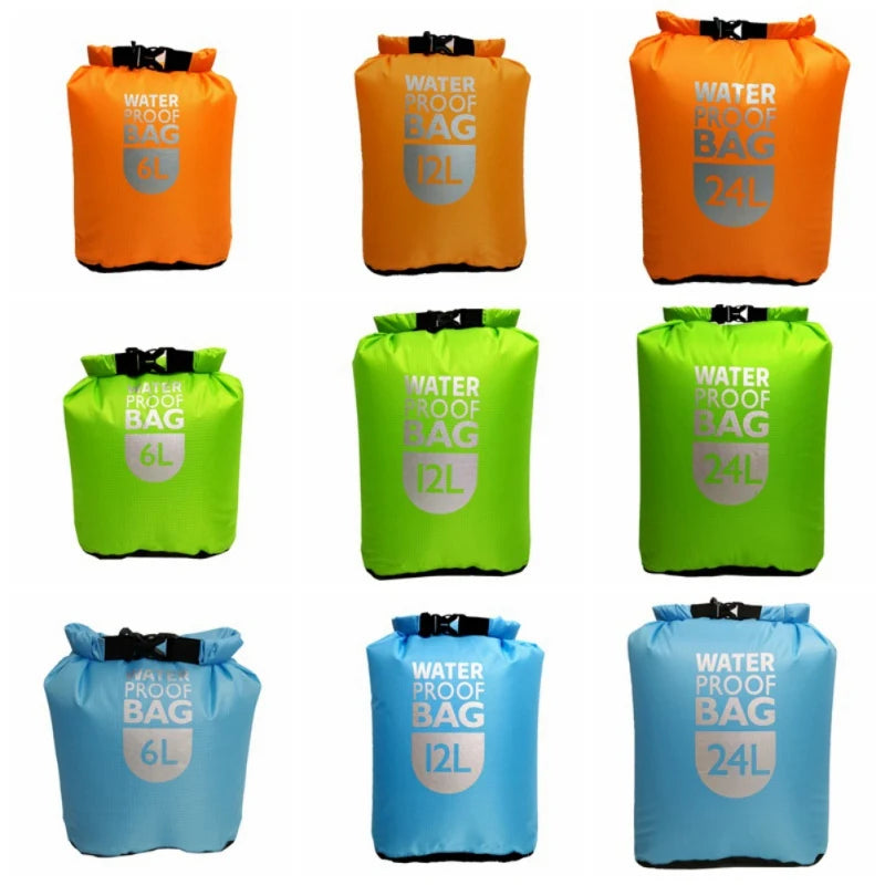 Set of orange, green, and blue waterproof bags with varying capacities on a white background. Offered by the premier outdoor gear provider in the northeastern United States, The Adirondack Tool Company.