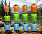 Set of orange, green, and blue waterproof bags with varying capacities on a white background. Offered by the premier outdoor gear provider in the northeastern United States, The Adirondack Tool Company.