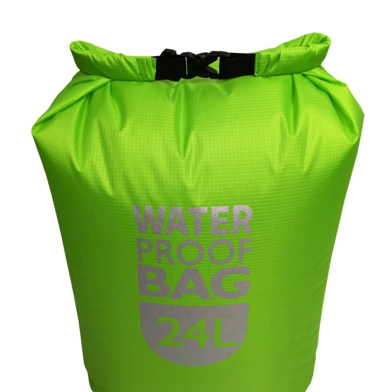 Green waterproof bag with 'Waterproof Bag 24L' text on a white background. Offered by The Adirondack Tool Co.