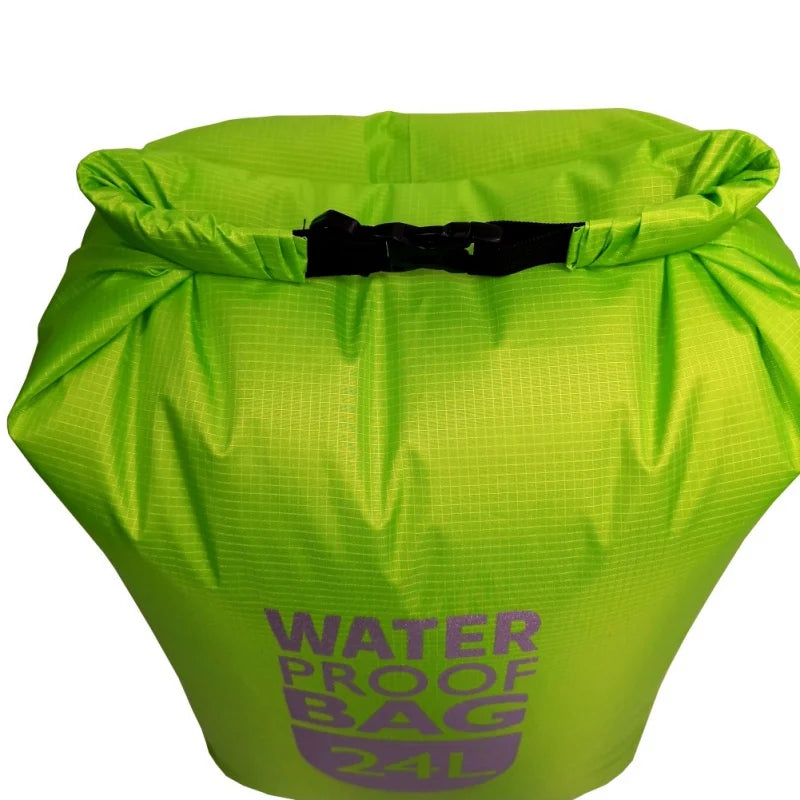 Green waterproof bag with 'Waterproof Bag 24L' text on a white background. Offered by The Adirondack Tool Co.