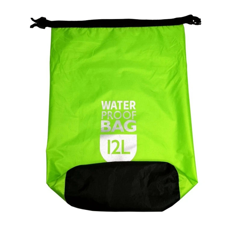 Green 12L waterproof bag with black drawstring on a white background. Offered by the Northeast's premier outdoor gear provider, The Adirondack Tool Co.