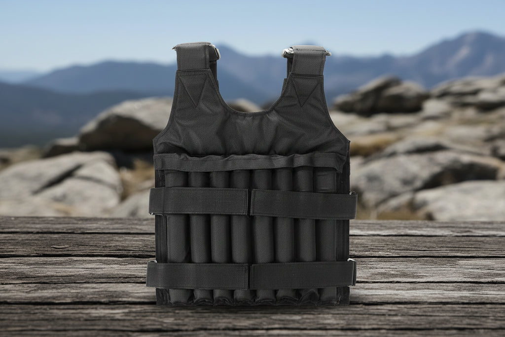 Black weighted vest with brand logo on a white background - offered by the best hiking store in New York, The Adirondack Tool Company