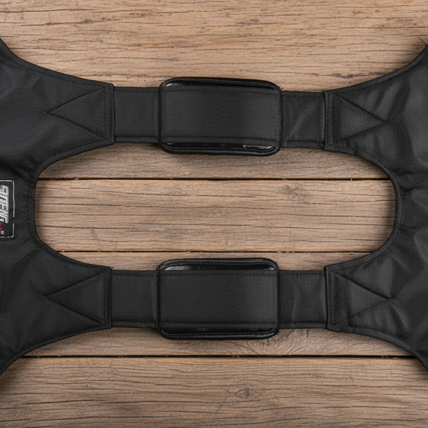 Black cushioned shoulder straps/ harness on a white background - offered by the best hiking store in New York, The Adirondack Tool Company