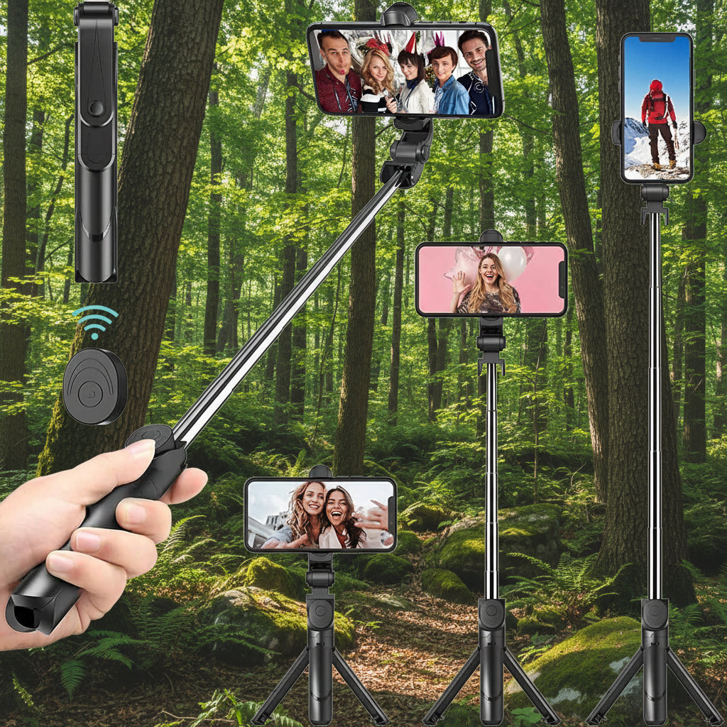 Black selfie stick with smartphone attachments on a white background - offered by the best outdoor gear store in Massachusetts, The Adirondack Tool Co.