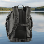 Back view of a tactical backpack with multiple straps and buckles