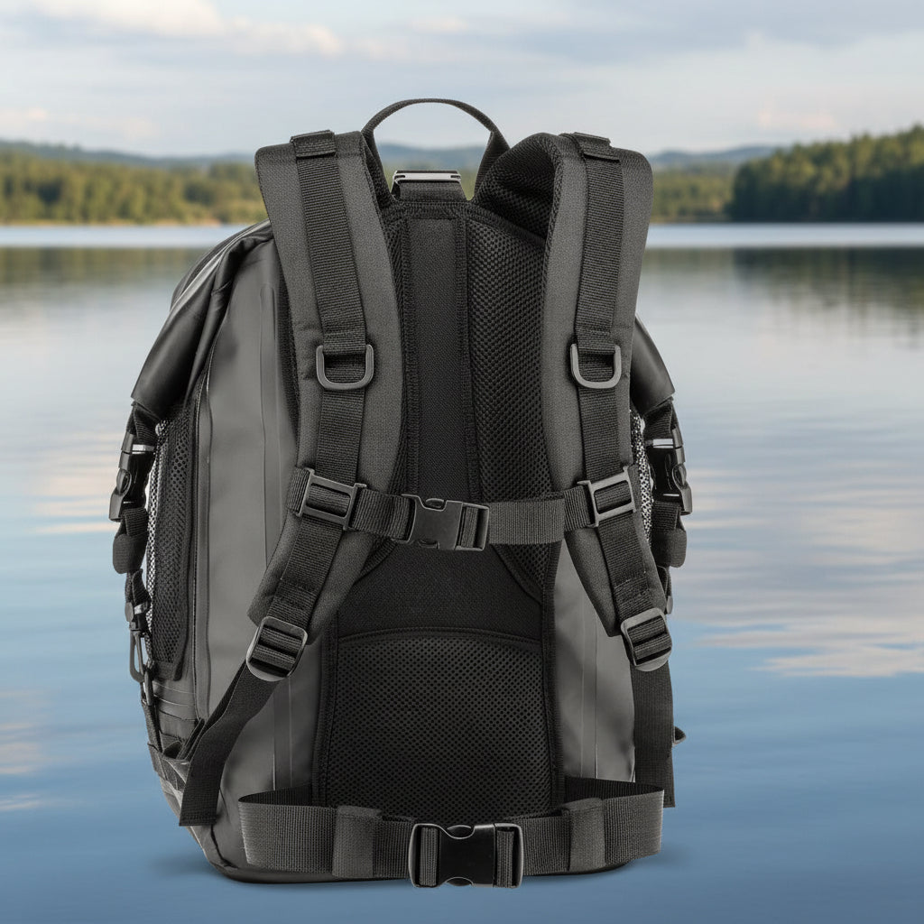 Back view of a tactical backpack with multiple straps and buckles