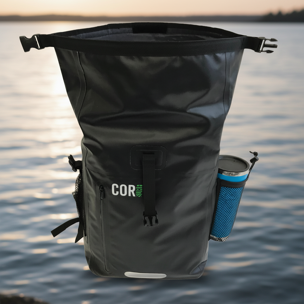 Black backpack with a cup holder attached