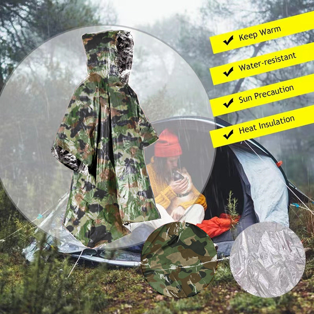 Camouflage raincoat/poncho  with camping scene and feature text overlay