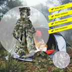 Camouflage raincoat/poncho  with camping scene and feature text overlay