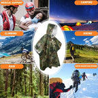Camouflage rain poncho surrounded by outdoor activity images with labels like 'Climbing', 'Camping', 'Hiking', 'Rain', and 'Snow Mountain Hiking'.