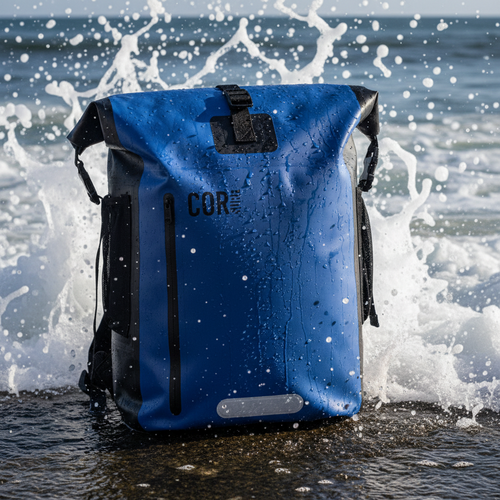Blue backpack with black accents and 'COR' branding