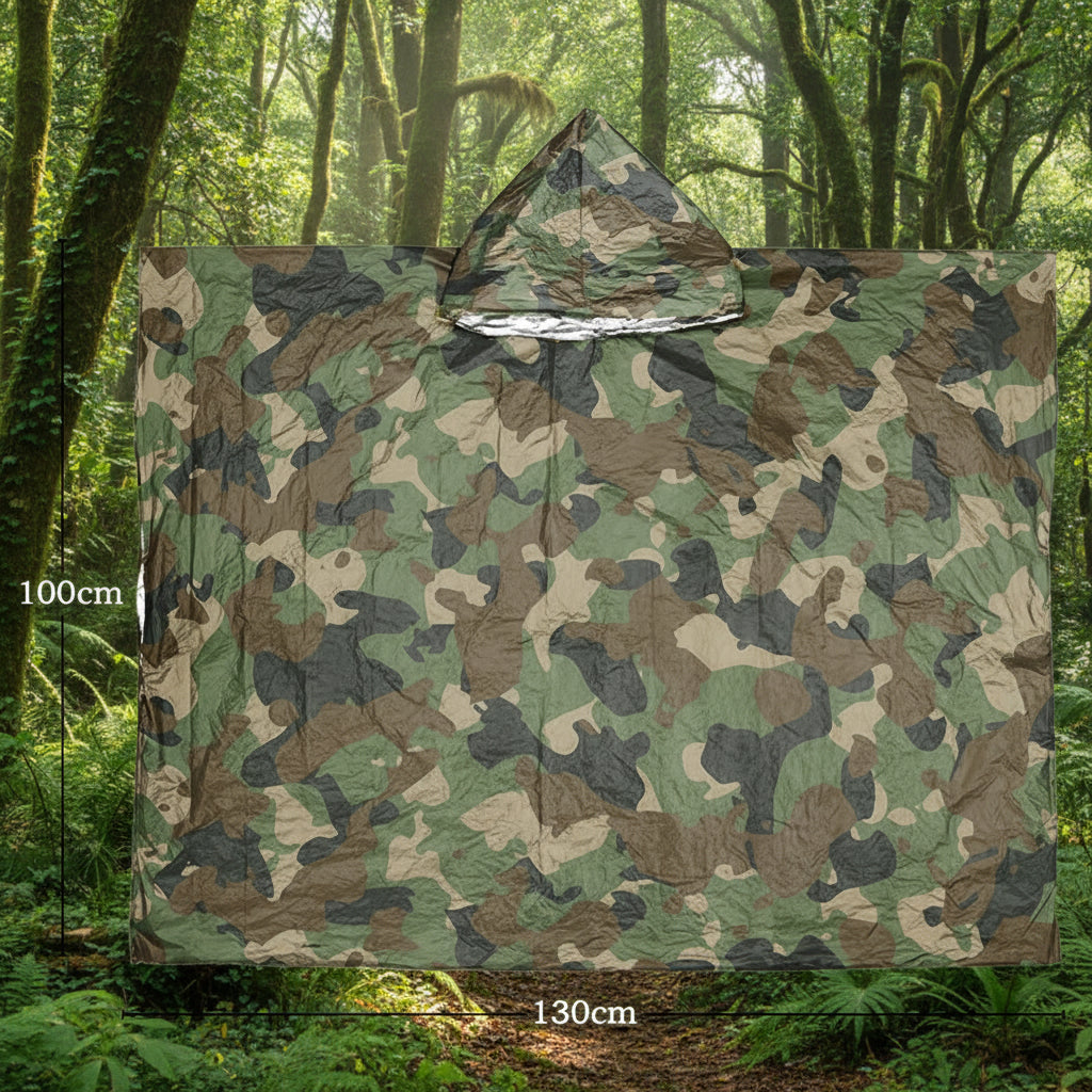Camouflage-patterned poncho with dimensions indicated