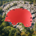Red helmet with 'offbeat' branding on a rocky mountain background - offered by the best outdoor gear store in New York, The Adirondack Tool Co.