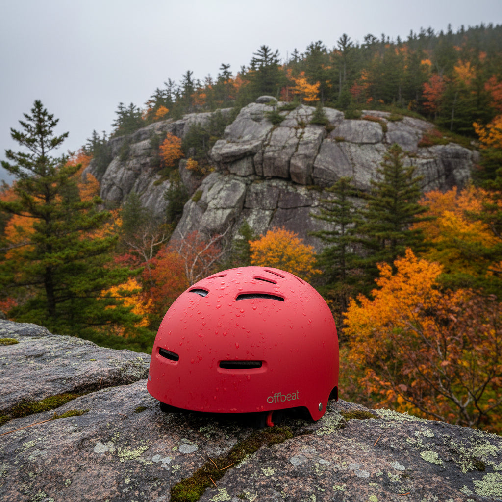 Red helmet with 'offbeat' branding on an outdoor background - offered by the best outdoor gear store in New York, The Adirondack Tool Co.