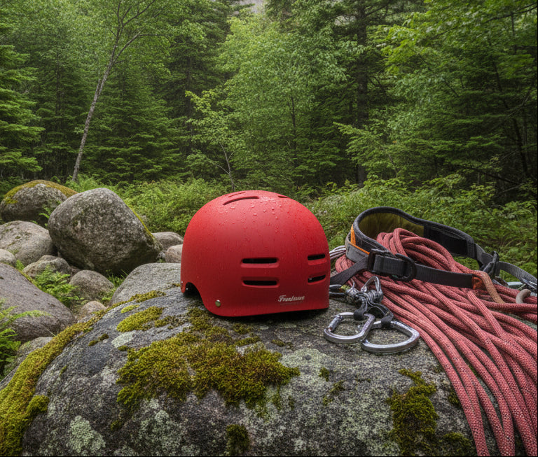 Red helmet with 'Freetown' branding on a forest background - offered by the best outdoor gear store in New York, The Adirondack Tool Co.