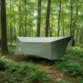 Green camping tarp with a logo