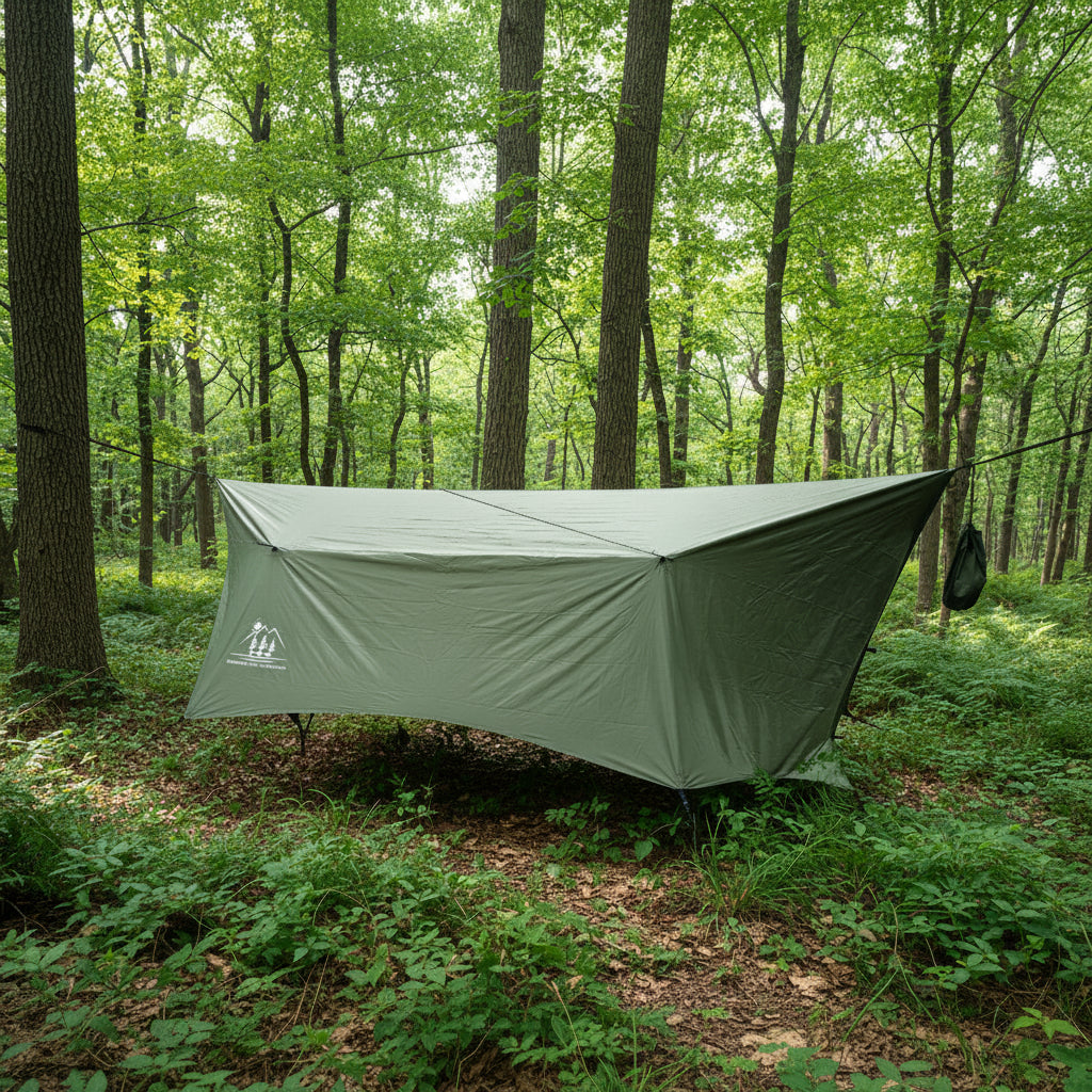 Green camping tarp with a logo