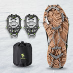 Qunature 22-point microspikes shown attached to shoes and unattached to shoes and in a carrying case - offered by the best hiking gear store and guiding service in New York, The Adirondack Tool Co.