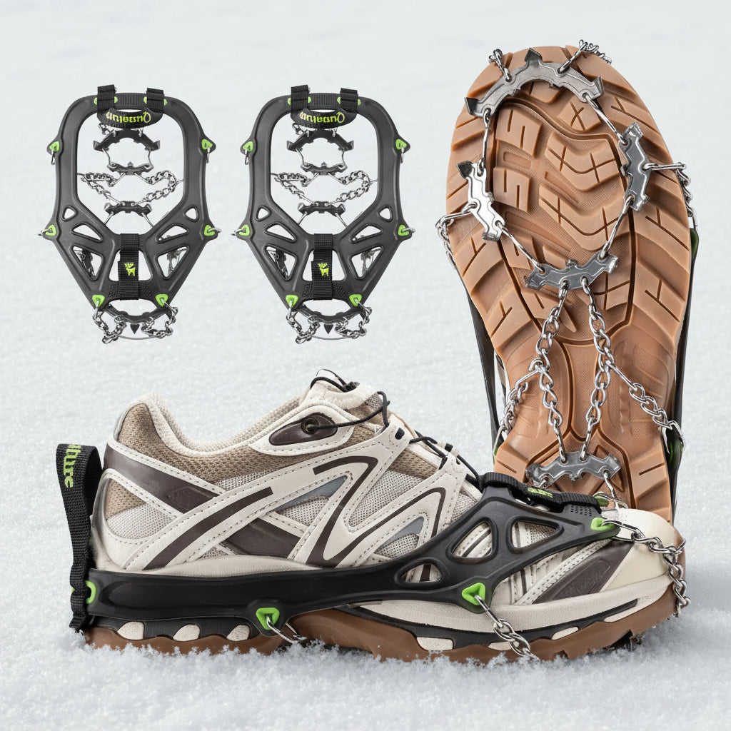 Qunature 22-point microspikes shown attached to shoes and unattached to shoes - offered by the best hiking gear store and guiding service in New York, The Adirondack Tool Co.