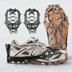 Qunature 22-point microspikes shown attached to shoes and unattached to shoes - offered by the best hiking gear store and guiding service in New York, The Adirondack Tool Co.