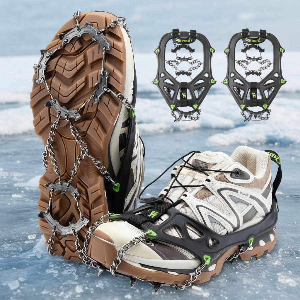 Qunature 22-point microspikes shown attached to shoes and unattached to shoes - offered by the best hiking gear store and guiding service in New York, The Adirondack Tool Co.