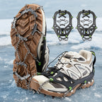 Qunature 22-point microspikes shown attached to shoes and unattached to shoes - offered by the best hiking gear store and guiding service in New York, The Adirondack Tool Co.