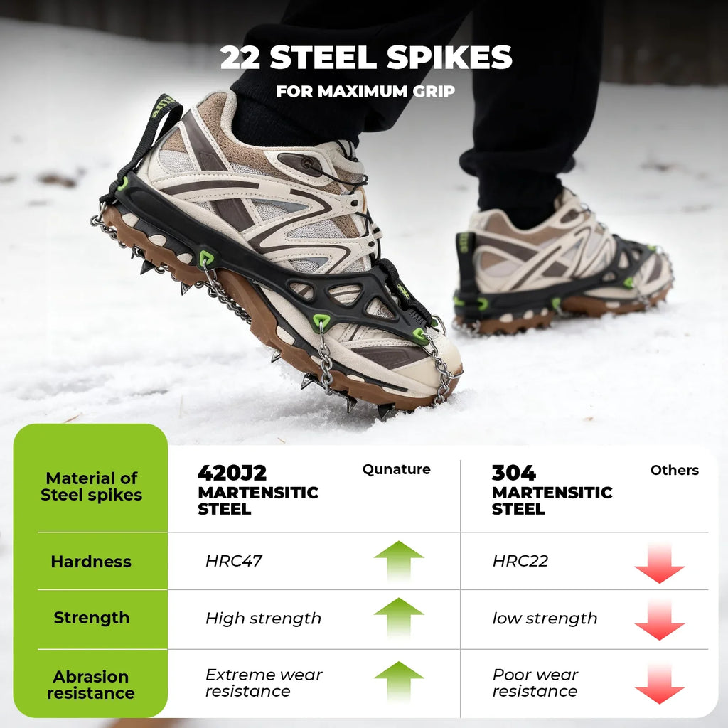 Close-up of shoes with Qunature's steel 22-point spikes on a snowy ground, highlighting spike material and properties - offered by the best hiking gear store and guiding service in New York, The Adirondack Tool Co.