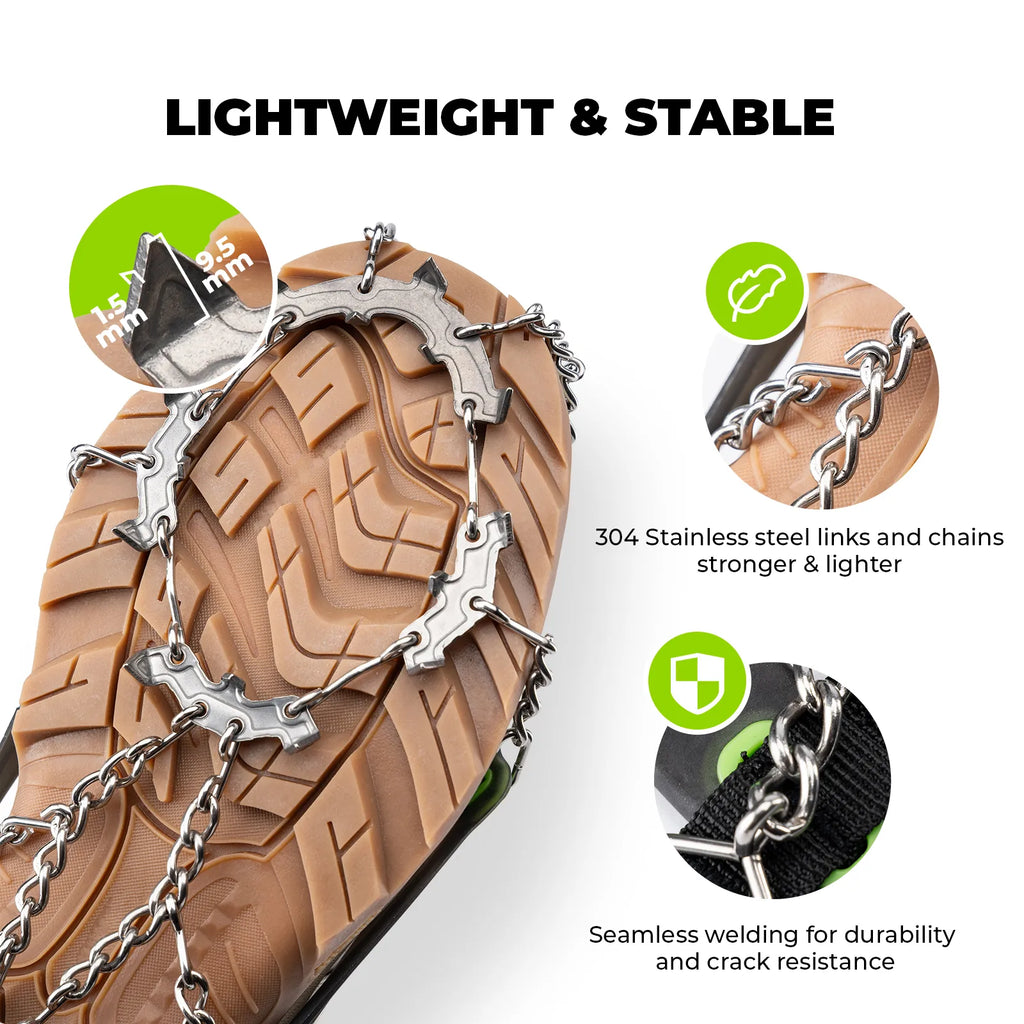 Ice cleats on a shoe with text highlighting features like 'Lightweight & Stable' and '304 Stainless Steel Links' - offered by the best hiking gear store and guiding service in New York, The Adirondack Tool Co.