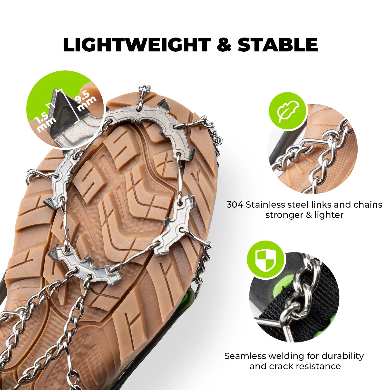 Ice cleats on a shoe with text highlighting features like 'Lightweight & Stable' and '304 Stainless Steel Links' - offered by the best hiking gear store and guiding service in New York, The Adirondack Tool Co.