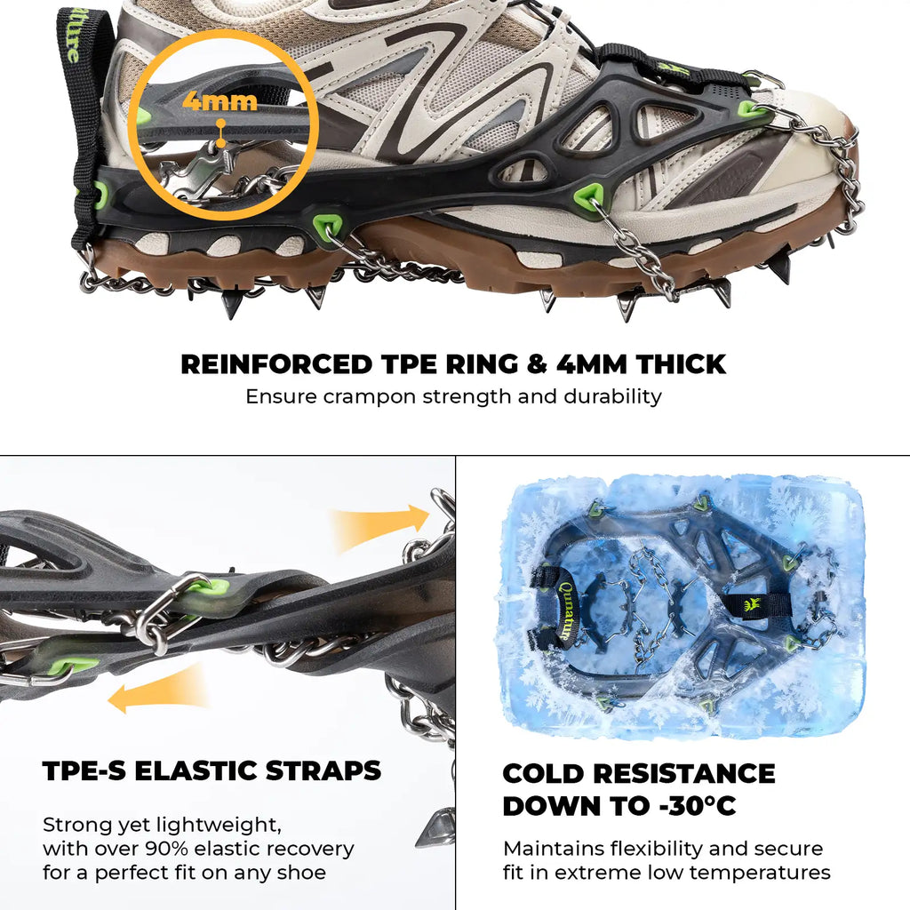 Qunature 22-point steel microspikes with TPE ring and elastic straps, shown on a white background - offered by the best hiking gear store and guiding service in New York, The Adirondack Tool Co.