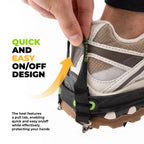 Close-up of Qunature's 22-point stainless steel microspikes with a pull tab design, highlighting ease of use, on a white background - offered by the best hiking gear store and guiding service in New York, The Adirondack Tool Co.