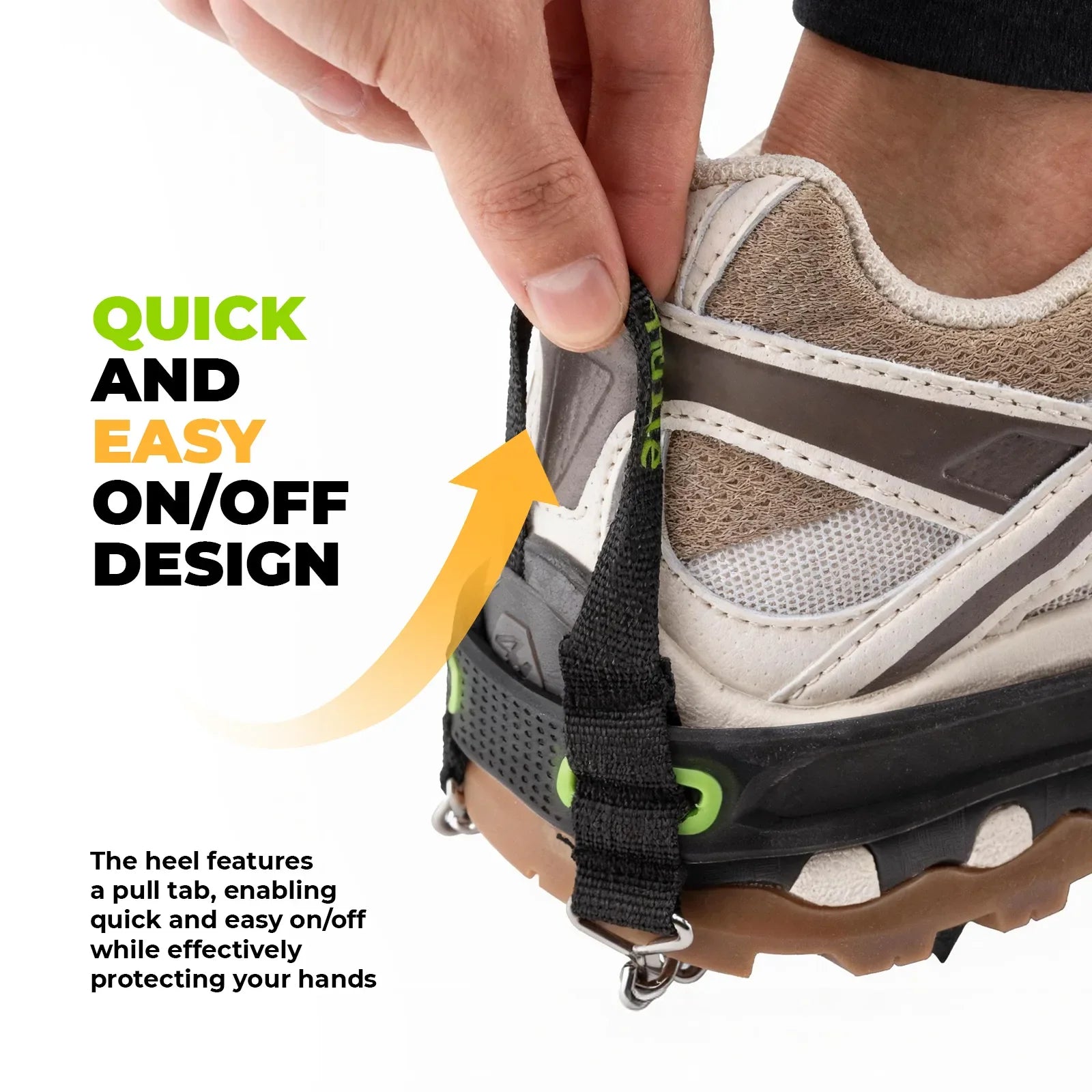 Close-up of Qunature's 22-point stainless steel microspikes with a pull tab design, highlighting ease of use, on a white background - offered by the best hiking gear store and guiding service in New York, The Adirondack Tool Co.