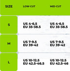 Size chart for Qunature's 22-point stainless steel microspikes - offered by the best hiking gear store and guiding service in New York, The Adirondack Tool Co.