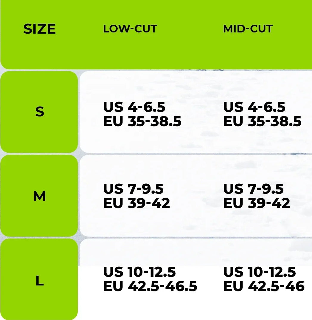 Size chart for Qunature's 22-point stainless steel microspikes - offered by the best hiking gear store and guiding service in New York, The Adirondack Tool Co.