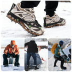 Collage of Qunature's 22-point microspikes being shown in different use-cases - offered by the best hiking gear store and guiding service in New York, The Adirondack Tool Co.