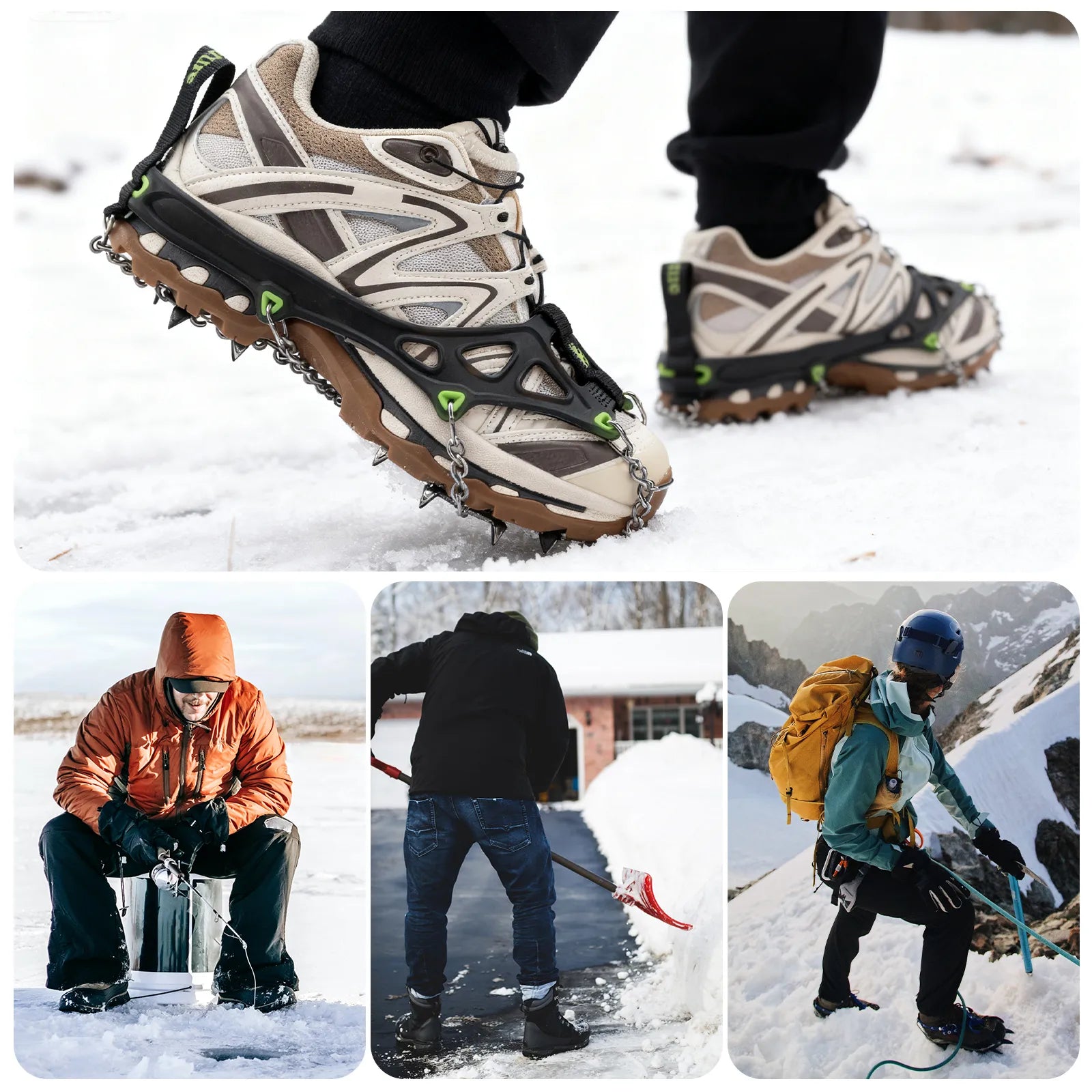 Collage of Qunature's 22-point microspikes being shown in different use-cases - offered by the best hiking gear store and guiding service in New York, The Adirondack Tool Co.