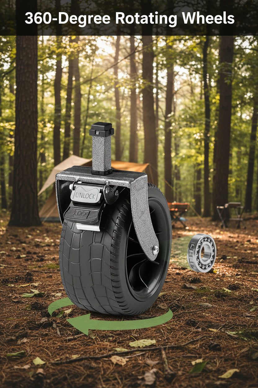 Turning PVC wheel with brake mechanism from Qunature's foldable camping wagon on an outdoor background - offered by the best outdoor gear store in New York, The Adirondack Tool Co.