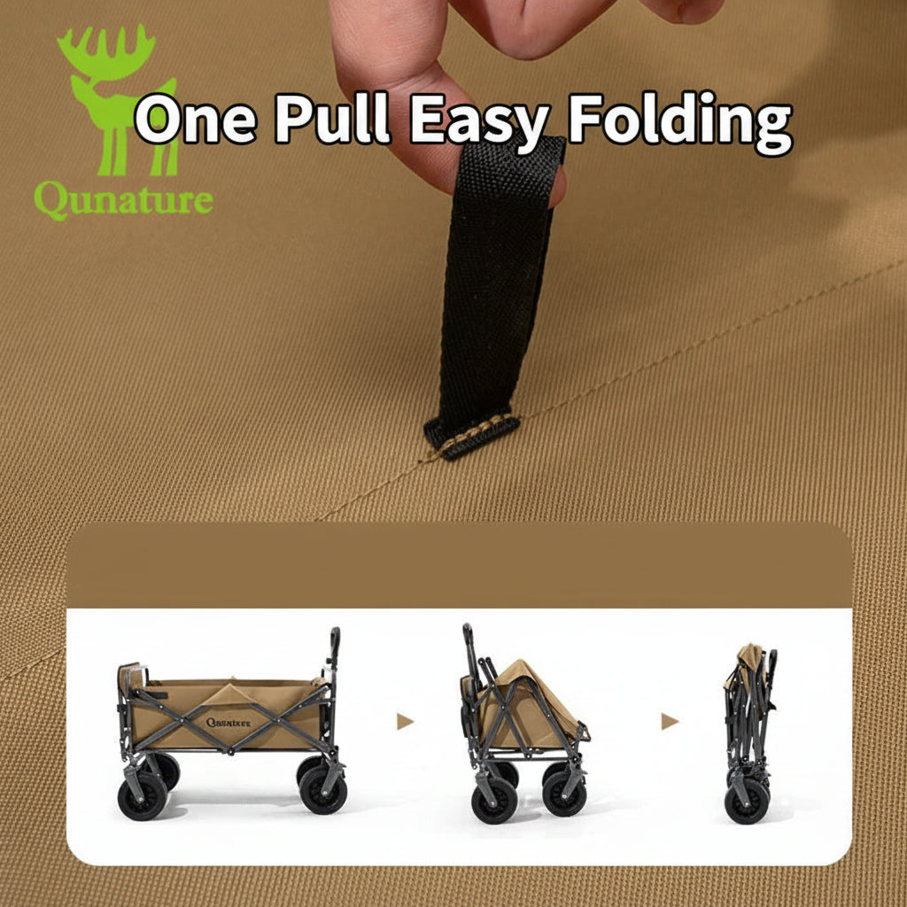 Black strap on beige fabric, with an inlay of Qunature's foldable camping wagon - offered by the best outdoor gear store in New York, The Adirondack Tool Co.