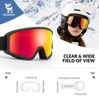 Snow goggles with red lenses and a helmet worn by a person in a snowy landscape, featuring Qunature branding