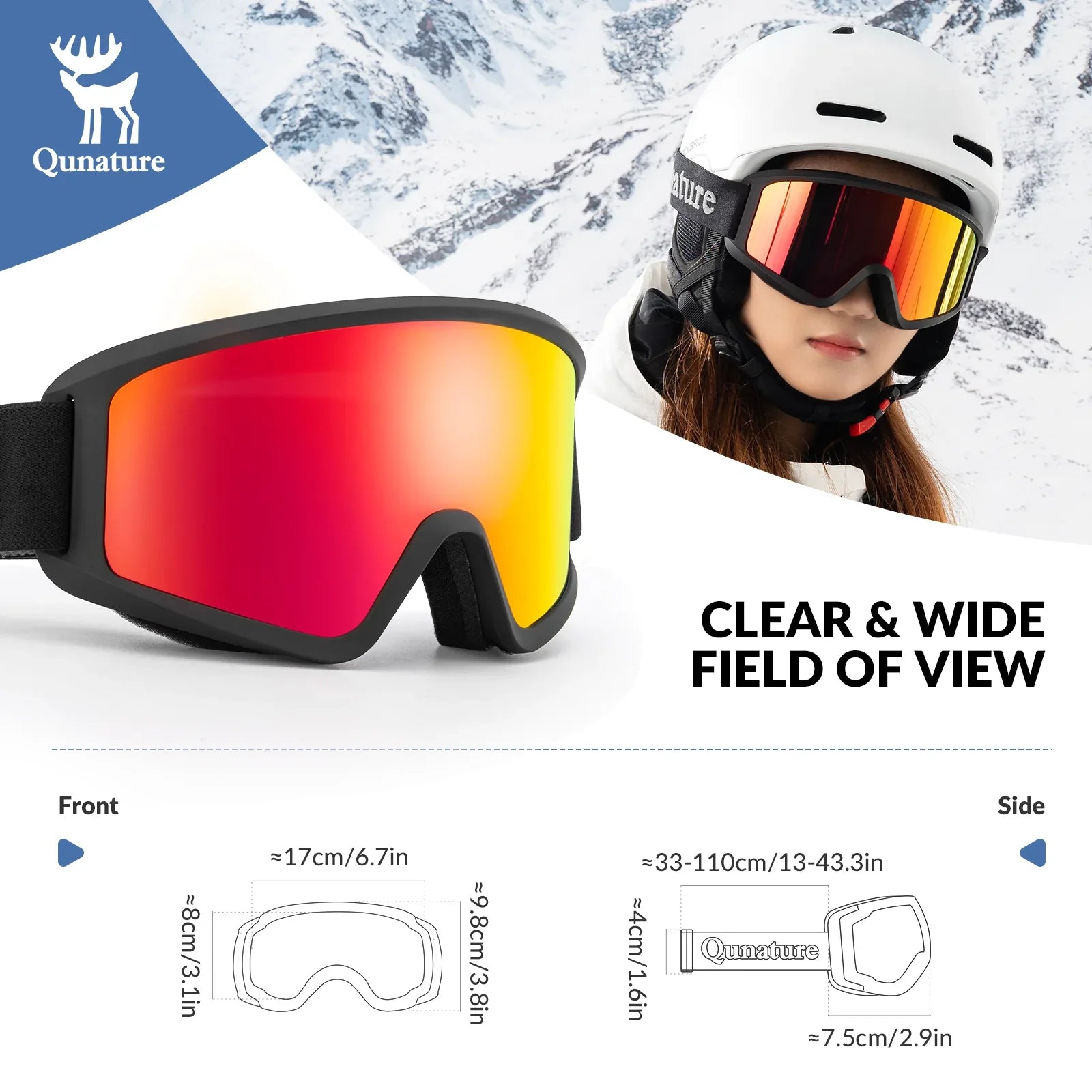 Snow goggles with red lenses and a helmet worn by a person in a snowy landscape, featuring Qunature branding